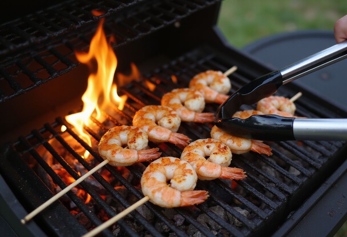 Grilling the seasoned shrimp skewers on a hot grill, capturing the essence of Texas Roadhouse style grilling.