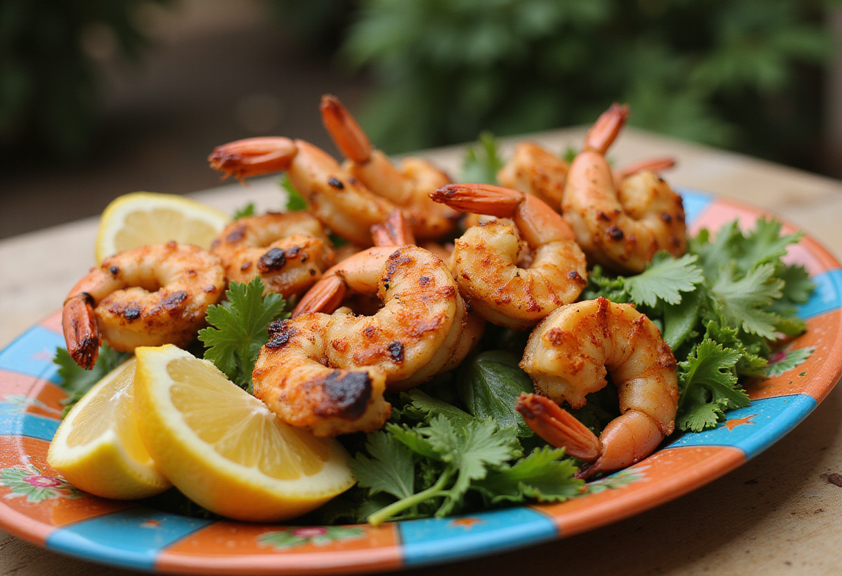 Beautifully presented Texas Roadhouse Grilled Shrimp skewers on a platter, ready to enjoy with fresh garnishes.