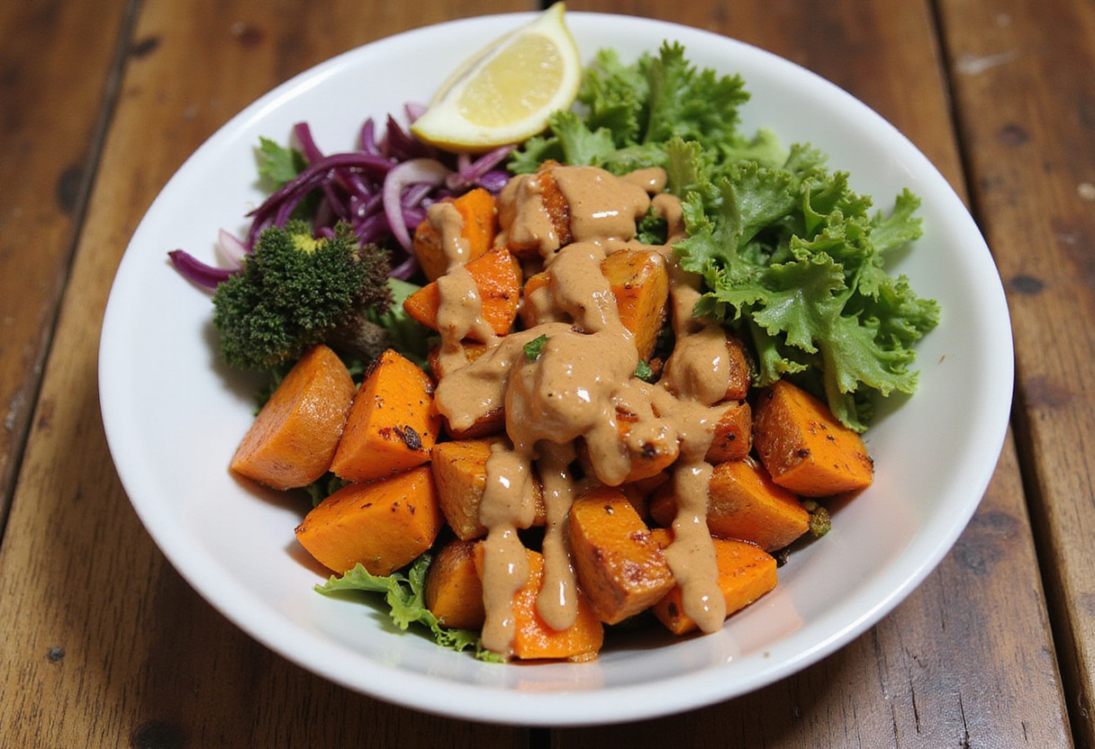 Final presentation of Thai Peanut Sweet Potato Buddha Bowl with roasted sweet potatoes and fresh vegetables, showcasing vibrant colors and textures.