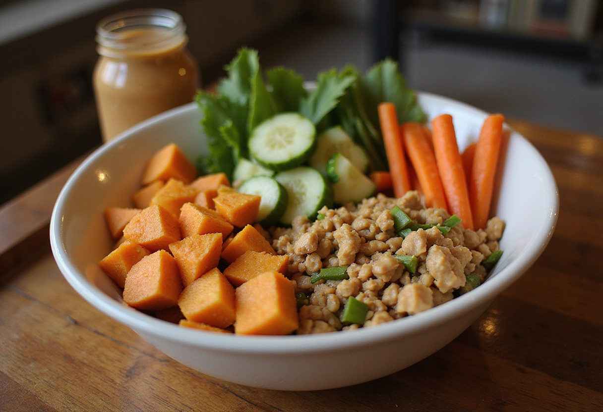 Colorful ingredients for Thai Peanut Sweet Potato Buddha Bowl including fresh vegetables and peanut sauce on a wooden countertop.