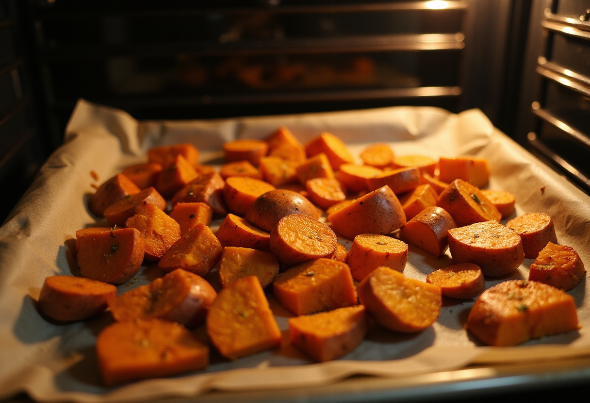 Roasted sweet potatoes cooking in an oven for Thai Peanut Sweet Potato Buddha Bowl, showcasing their golden-brown color and crispy texture.