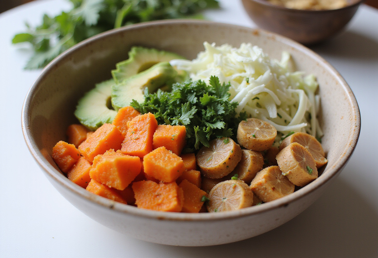 Fresh vegetables in a bowl prepared for Thai Peanut Sweet Potato Buddha Bowl, highlighting colorful ingredients like avocado and cabbage.