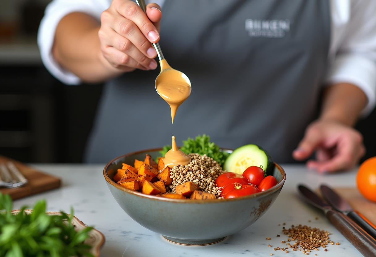 Chef drizzling peanut sauce onto the assembled Thai Peanut Sweet Potato Buddha Bowl with fresh vegetables and sweet potatoes in a modern kitchen.