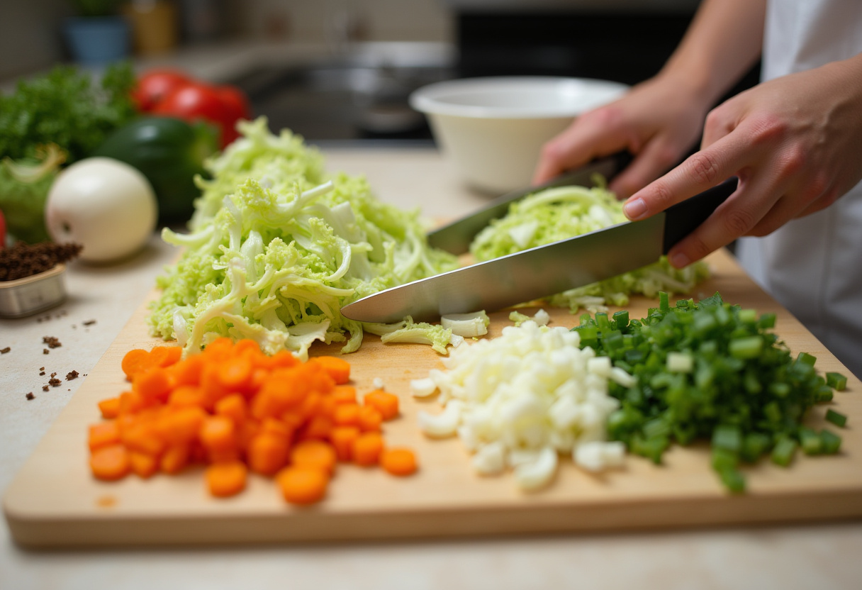 Chopping fresh vegetables for the BEST Egg Roll in a Bowl recipe, including cabbage, carrots, and onions.