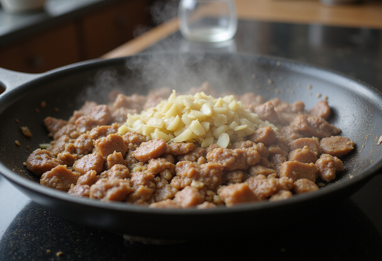 Sauteing ground pork with garlic and ginger in a skillet for the BEST Egg Roll in a Bowl.
