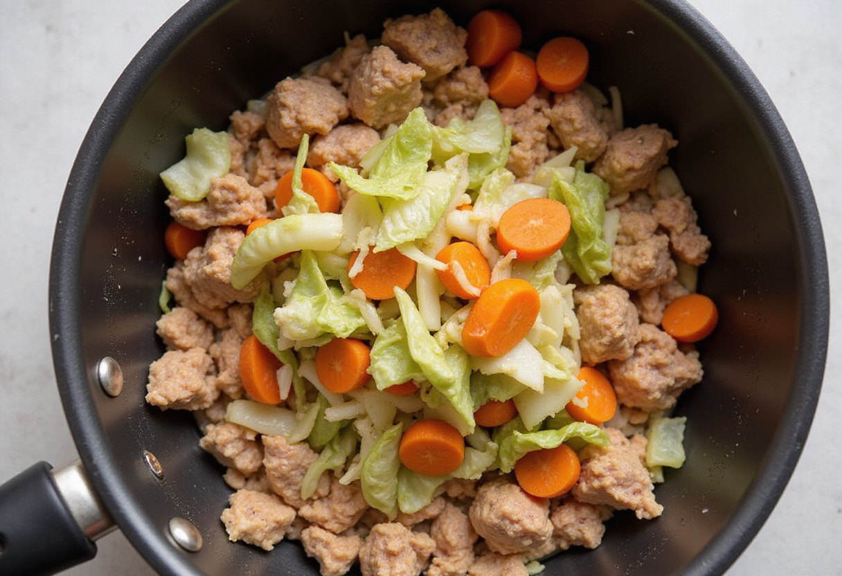 Adding sautéed vegetables to the skillet for the BEST Egg Roll in a Bowl recipe, creating a colorful mixture.