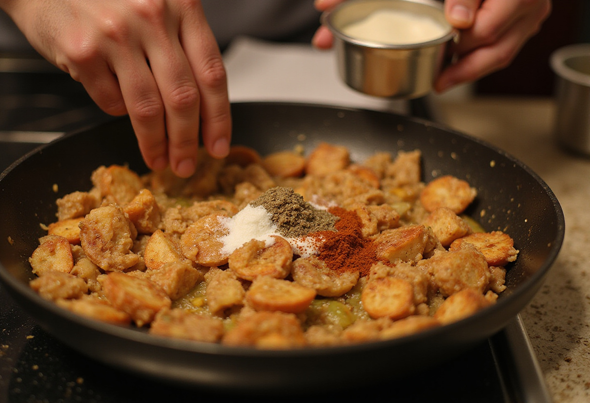 Mixing the savory ingredients in the skillet for the BEST Egg Roll in a Bowl recipe, enhancing the flavors.