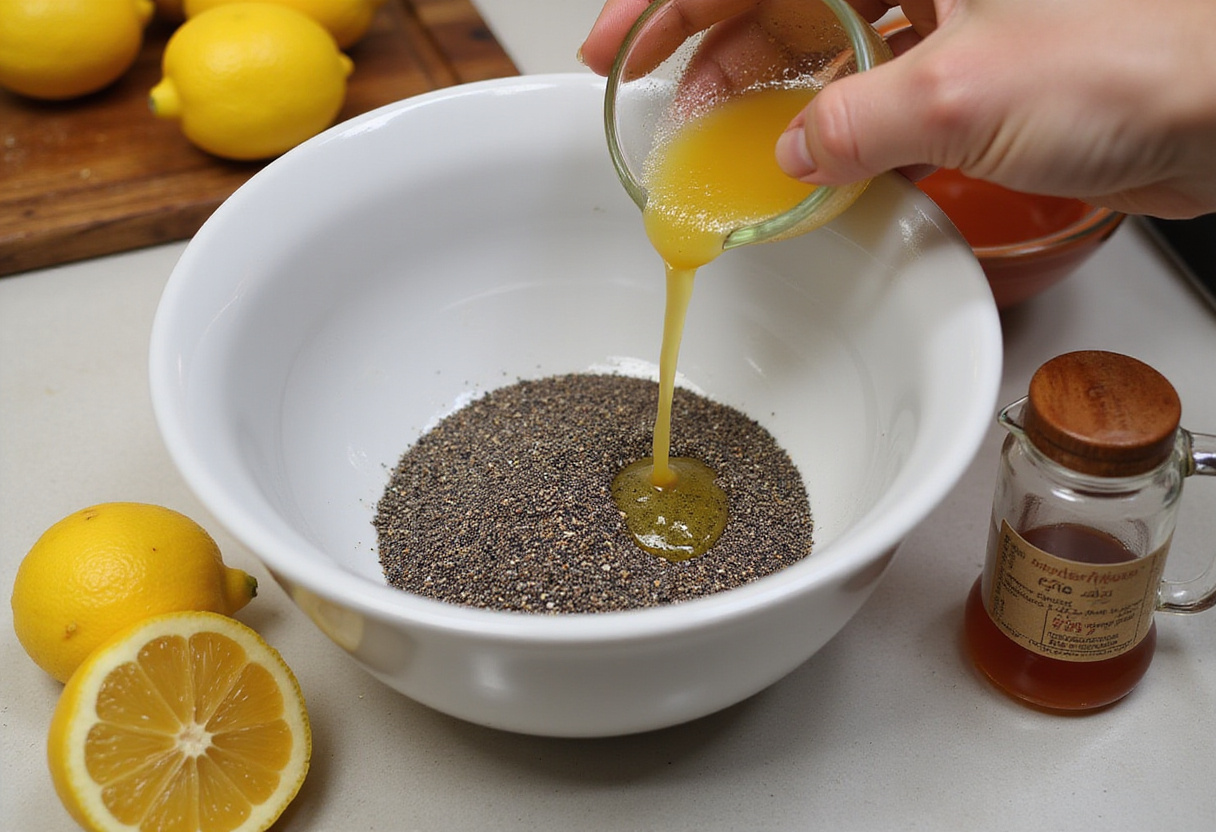 Chia seeds mixed with fresh lemon juice, showcasing the recipe process of making Lemon Cream Chia Pudding packed with nutrients.