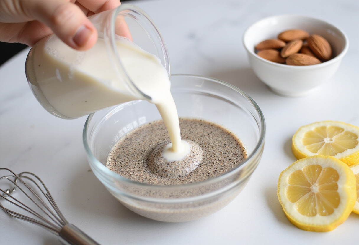 Pouring almond milk into the chia seed mixture, emphasizing healthy ingredients for the Best Lemon Cream Chia Pudding.