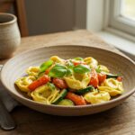 Delicious tortellini with summer veggies served in a rustic bowl - a perfect summer pasta dish.