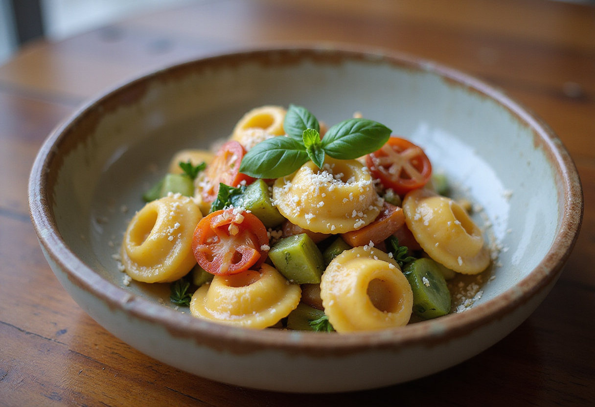 Delicious tortellini with summer veggies served in a rustic bowl - a perfect summer pasta dish.