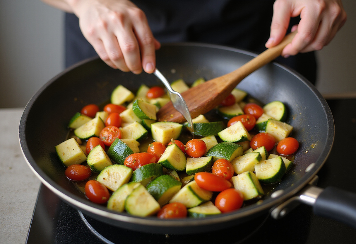 Sautรฉing summer veggies for tortellini - vibrant zucchini, bell peppers, and cherry tomatoes in a skillet.