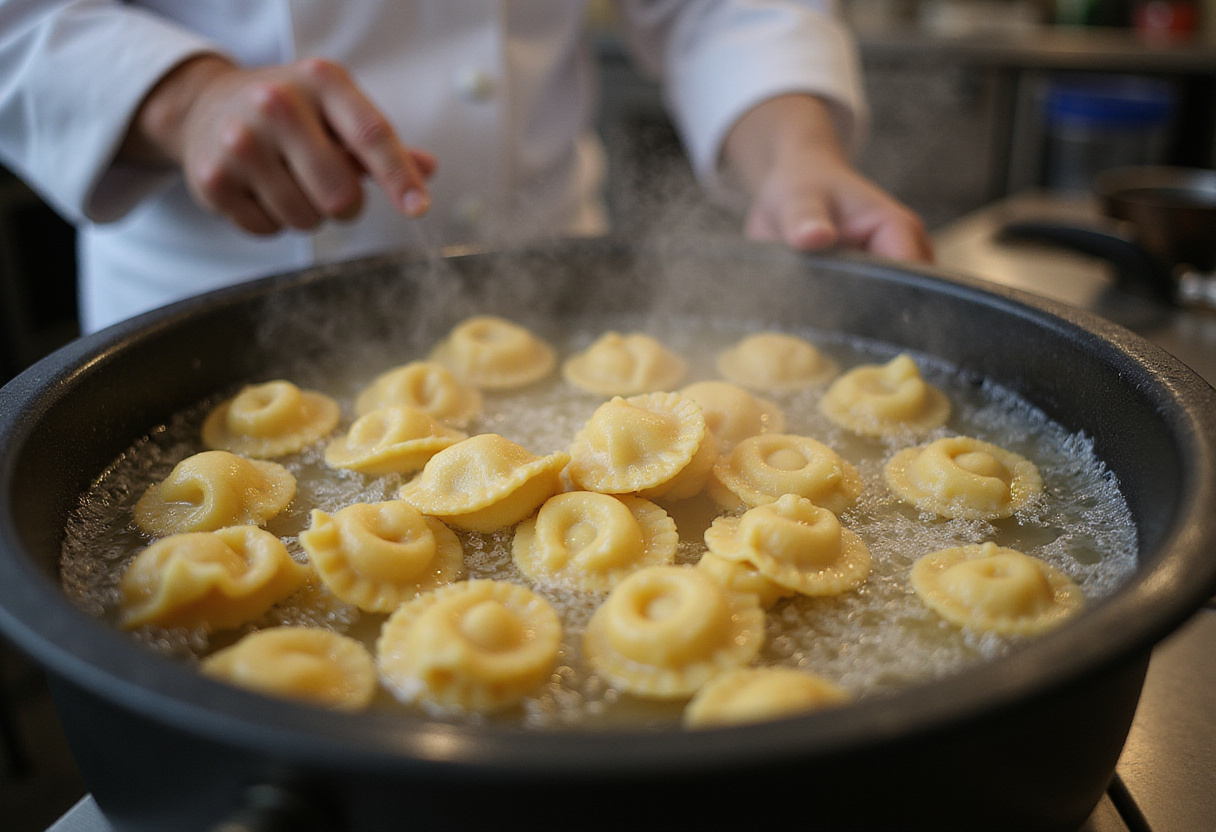 Boiling water for fresh tortellini - a pot with steam rising, ready for pasta cooking.