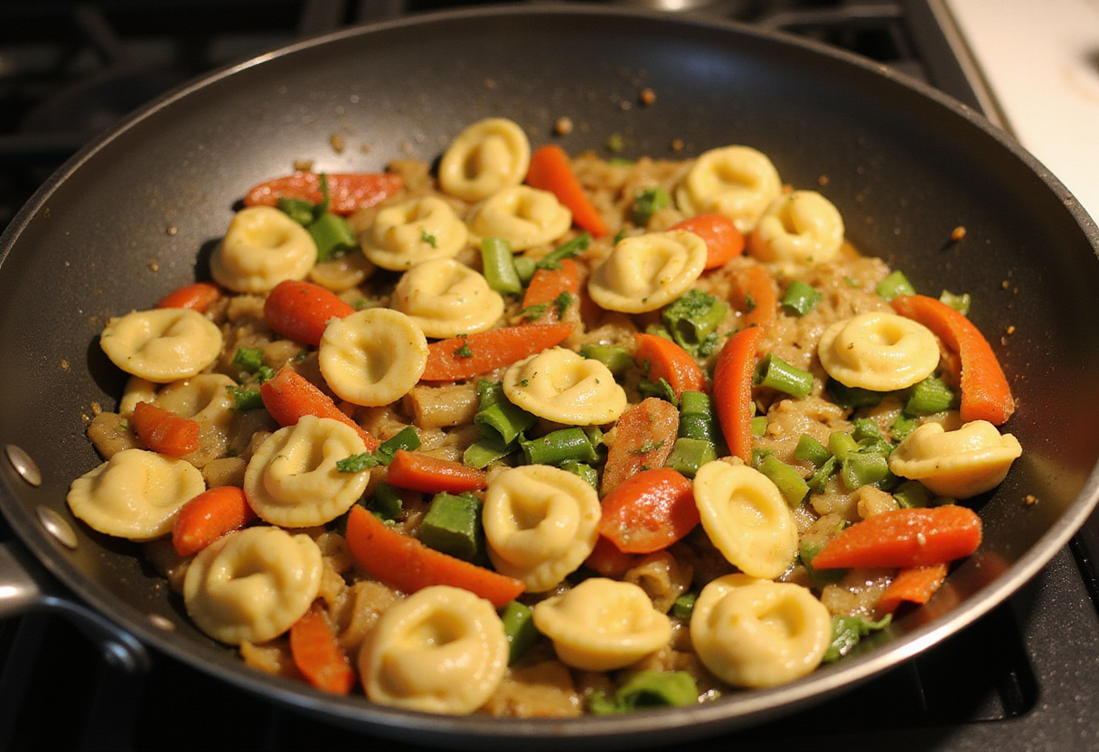 Mixing tortellini with summer sautรฉed vegetables - colorful culinary fusion in a skillet.