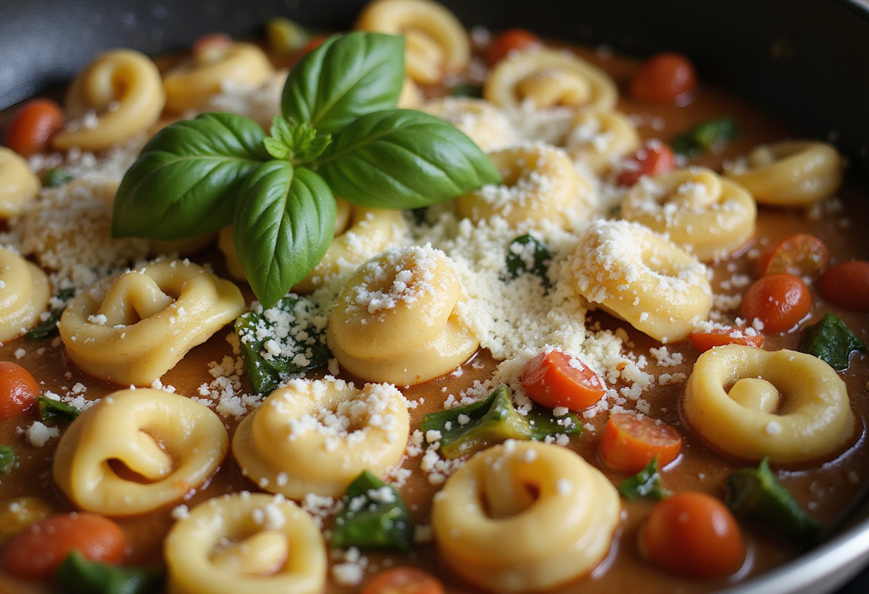 Adding fresh basil and Parmesan to summer veggies and tortellini - final touches for a delicious meal.