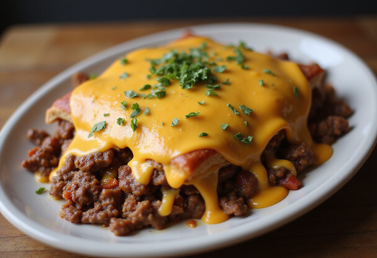 Delicious Ultimate Cheesy Ground Beef Melt ready to serve, showcasing melted cheese and savory ground beef.