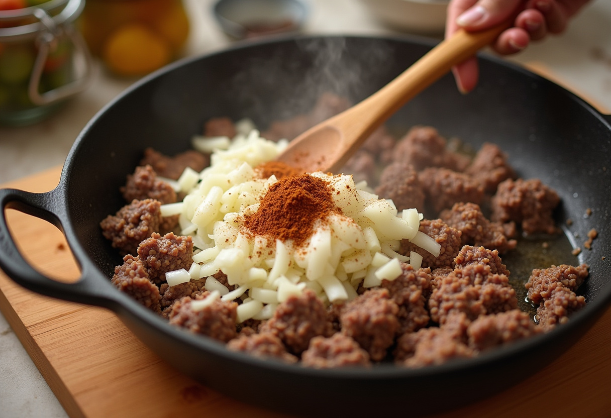 Adding diced onions and spices to the ground beef for the Ultimate Cheesy Ground Beef Melt recipe.