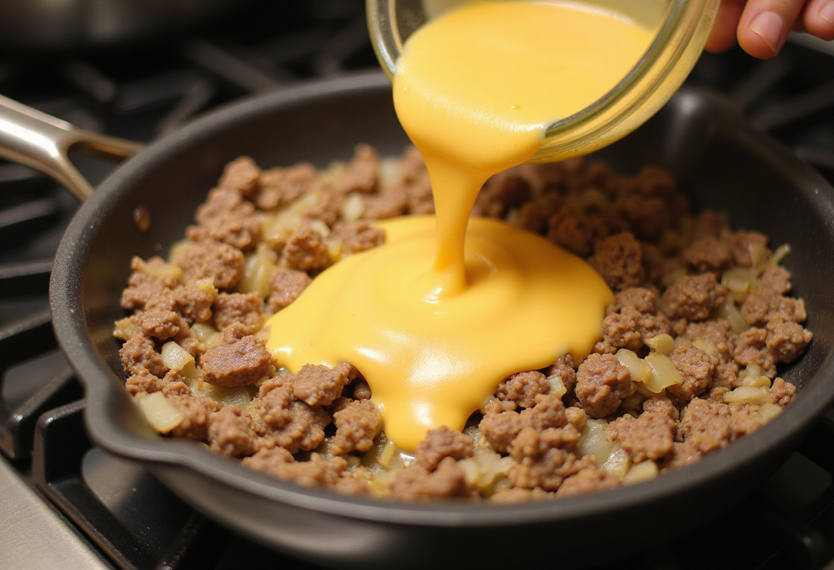 Preparing a creamy cheese sauce to enhance the Ultimate Cheesy Ground Beef Melt.