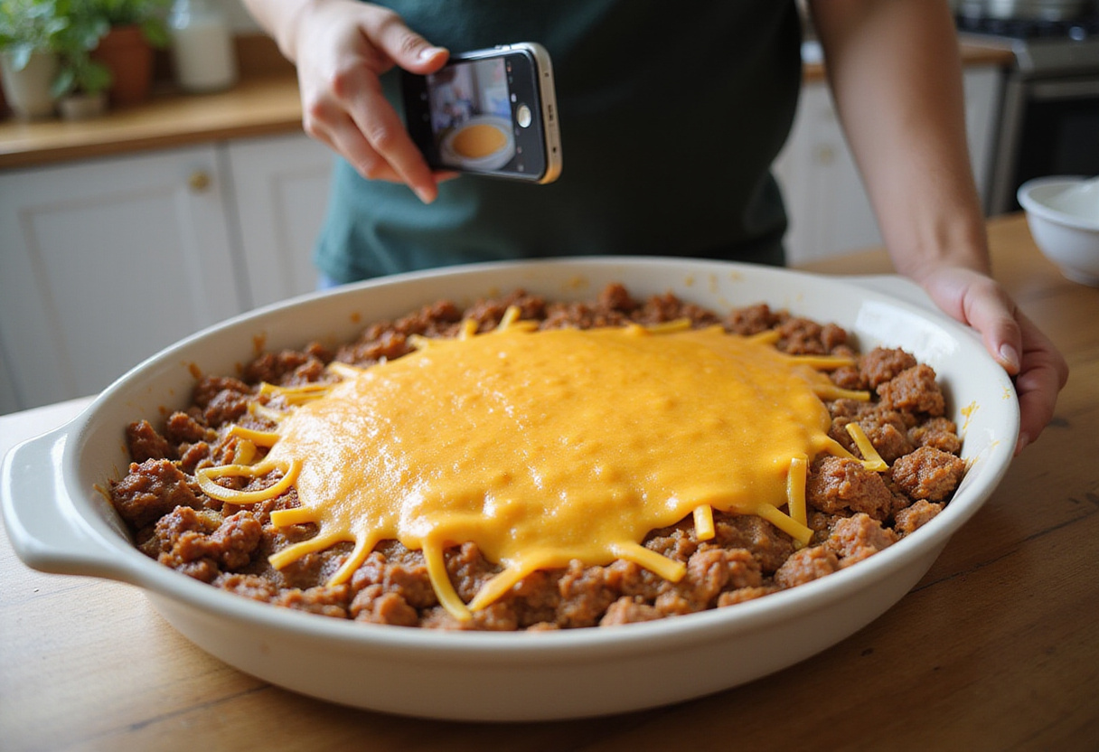 Layering ground beef and cheese mixture in a baking dish for the Ultimate Cheesy Ground Beef Melt.