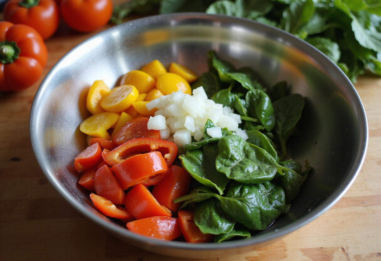 Preparation of Ultimate High-Protein Veggie Bake with Cottage Cheese featuring fresh chopped vegetables for a healthy meal.