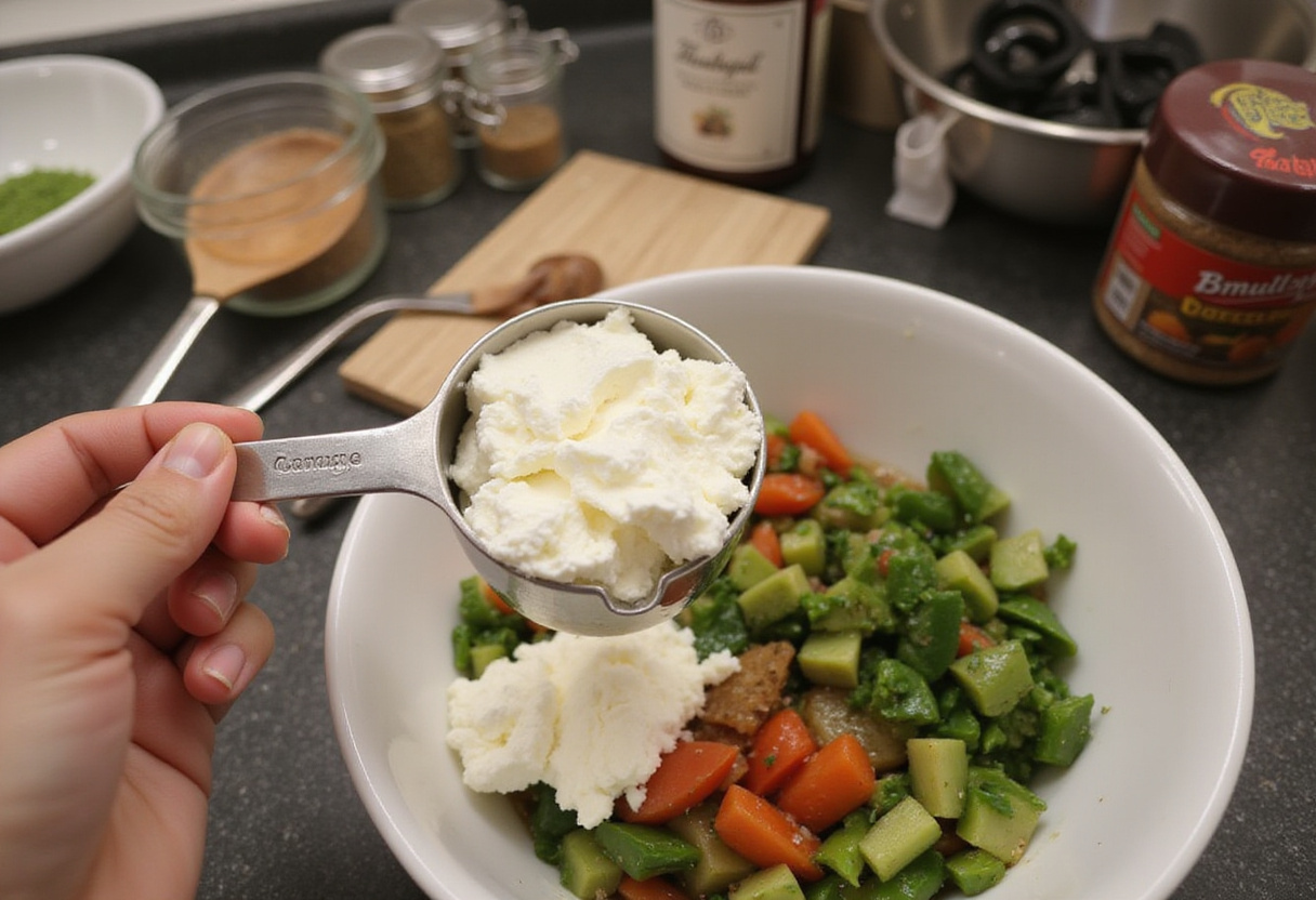 Making Ultimate High-Protein Veggie Bake with Cottage Cheese by adding creamy cottage cheese for added protein and flavor.