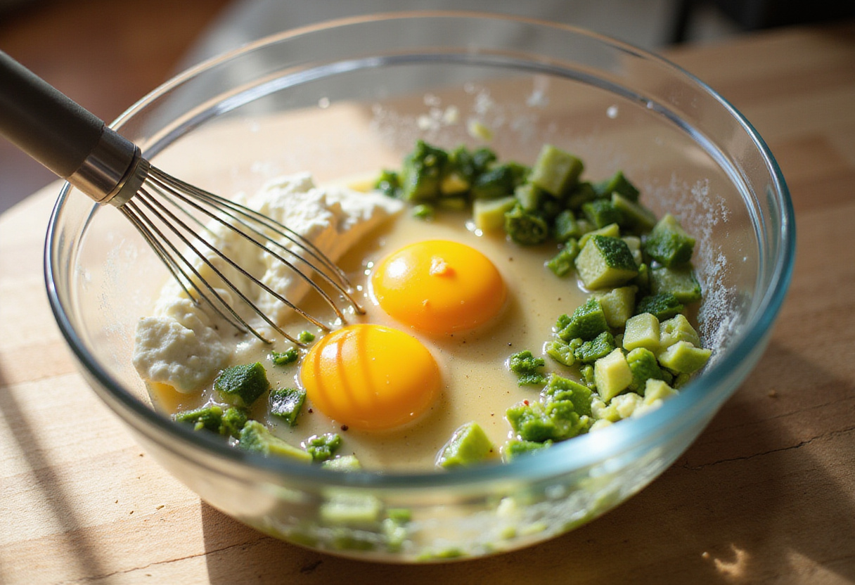 Creating the ultimate high-protein veggie bake with beaten eggs blended into a delicious vegetable mixture for a nutritious dish.