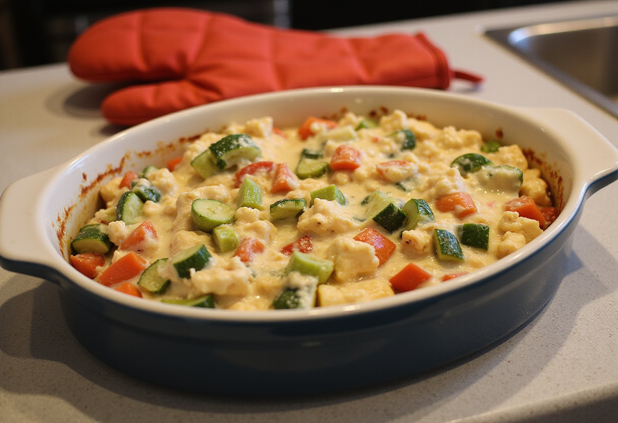 Preparing for the oven to bake the Ultimate High-Protein Veggie Bake with Cottage Cheese, showcasing the healthy mixture before baking.