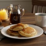 A charming breakfast scene featuring vanilla cinnamon buttermilk pancakes with syrup and coffee, ideal for a delightful morning meal.