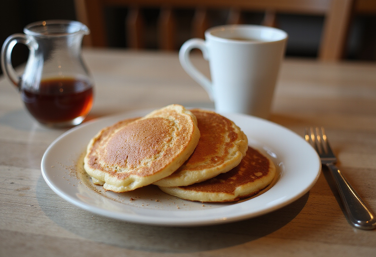 A charming breakfast scene featuring vanilla cinnamon buttermilk pancakes with syrup and coffee, ideal for a delightful morning meal.