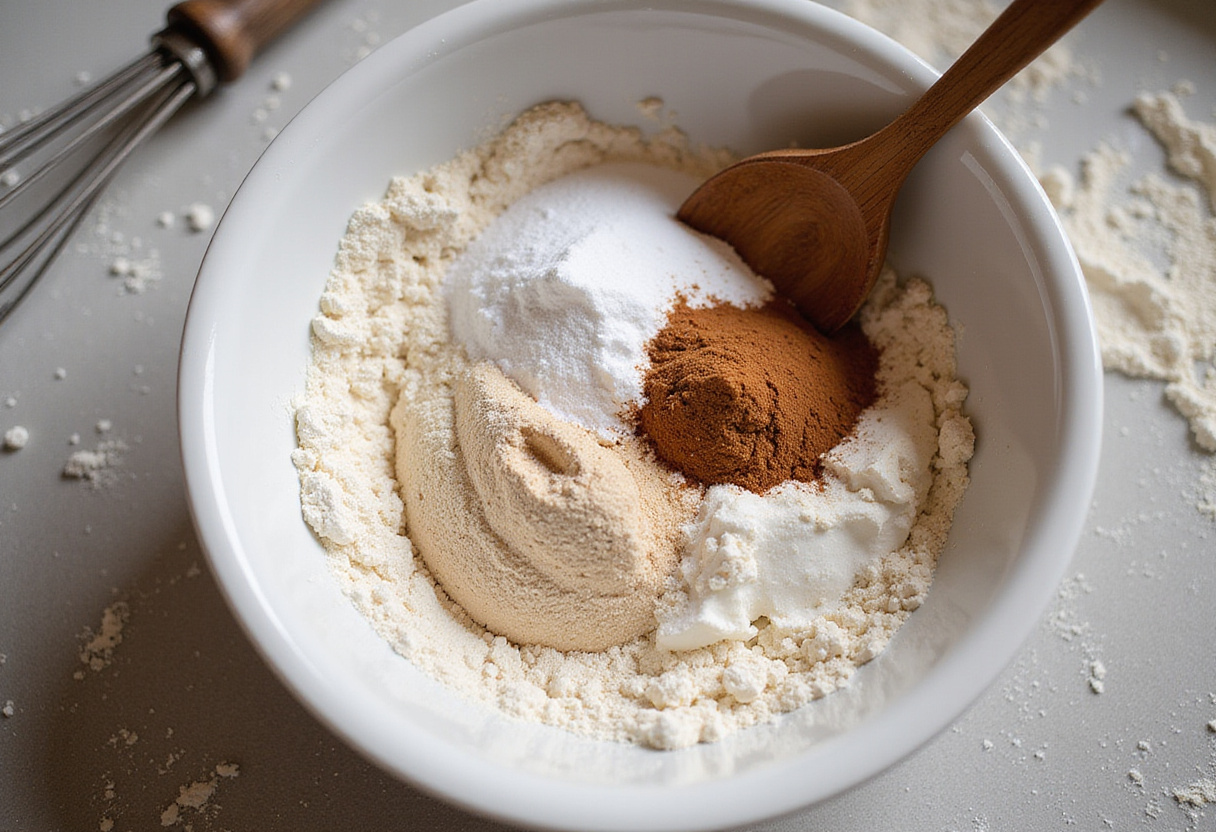 Ingredients for vanilla cinnamon buttermilk pancakes including flour, sugar, and cinnamon on a countertop.