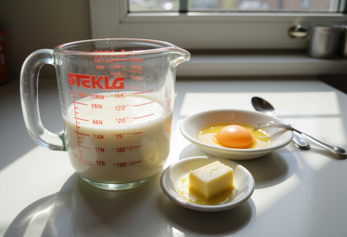 Measuring buttermilk and butter for delicious vanilla cinnamon buttermilk pancakes in a bright kitchen setting.