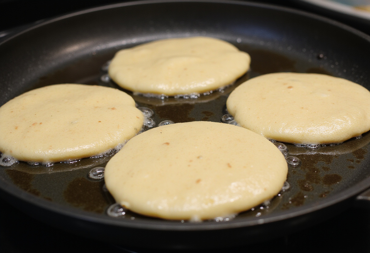 Cooking vanilla cinnamon buttermilk pancakes on an electric griddle with bubbles forming, showcasing the perfect fluffy texture.