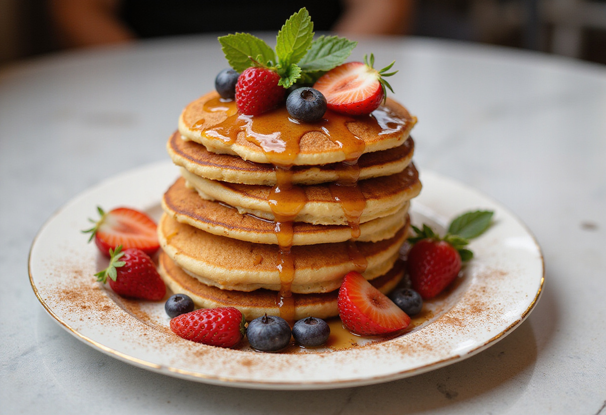 Delicious vanilla cinnamon buttermilk pancakes elegantly stacked and garnished, perfect for breakfast and brunch.