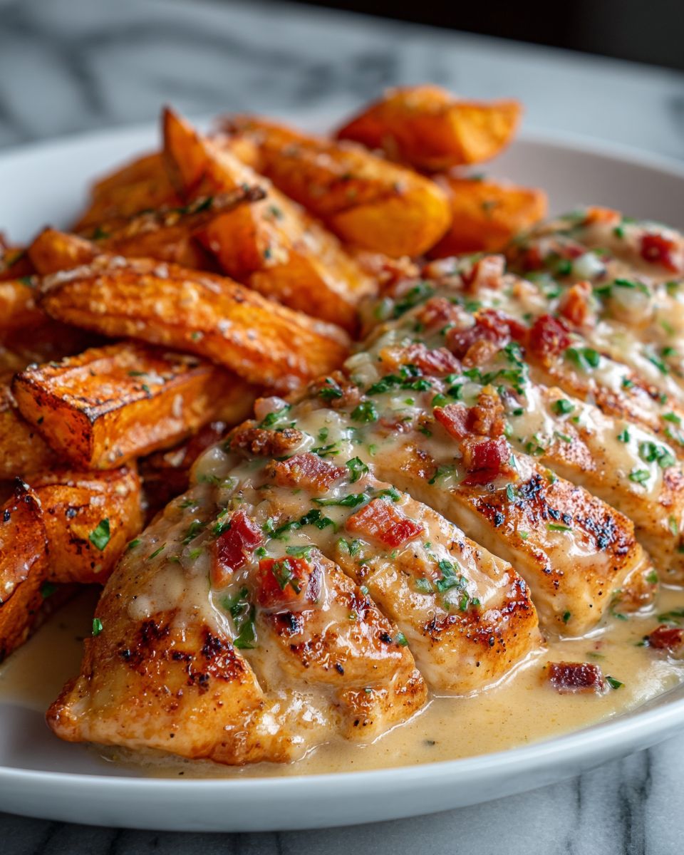 Chicken Fillet in Spicy, Creamy Garlic-Parmesan Sauce with Fries