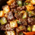 A vibrant beef stir fry in a white porcelain bowl, featuring thinly sliced beef, colorful bell peppers, broccoli florets, and julienned carrots, all glistening with a savory sauce. The dish is garnished with chopped green onions and sesame seeds, with steam gently rising, set against a rustic wooden background.