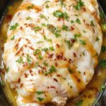 A close-up image of tender, shredded chicken coated in a creamy garlic parmesan sauce, served in a rustic white bowl garnished with fresh parsley. The dish glistens with a rich, buttery sauce, with visible flecks of garlic and parmesan cheese, set against a soft-focused background of a slow cooker and ingredients.