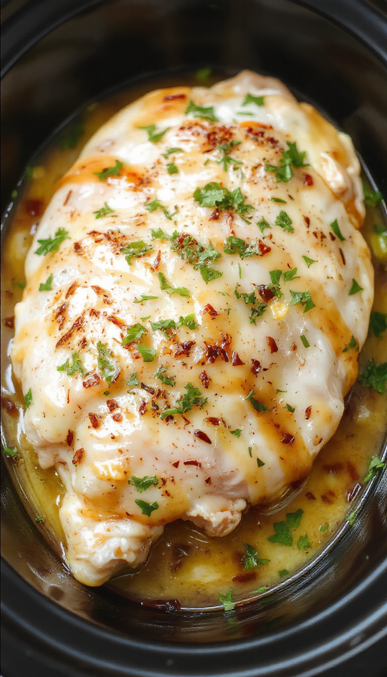 A close-up image of tender, shredded chicken coated in a creamy garlic parmesan sauce, served in a rustic white bowl garnished with fresh parsley. The dish glistens with a rich, buttery sauce, with visible flecks of garlic and parmesan cheese, set against a soft-focused background of a slow cooker and ingredients.