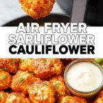 A vibrant plate of golden-brown buffalo cauliflower bites arranged neatly on a white platter, drizzled with spicy buffalo sauce, with fresh celery sticks and a side of creamy dipping sauce. The cauliflower bites have a crispy exterior with a hint of red sauce glistening, contrasted by the bright green celery and the white sauce in a small bowl.