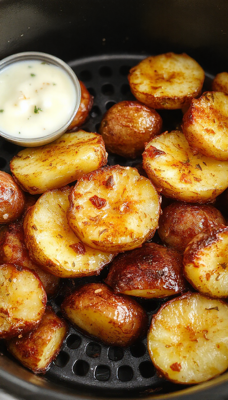 A close-up of crispy sliced potatoes cooked in an air fryer, golden-brown edges, arranged neatly on a white plate with a sprinkle of herbs on top, showcasing their crunchy texture and appealing presentation.