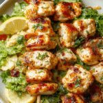 A vibrant BBQ chicken skewer salad featuring char-grilled chicken pieces on skewers, placed atop a colorful bed of mixed greens, cherry tomatoes, and sliced cucumbers. The chicken has a golden-brown exterior with grill marks, garnished with chopped herbs. The salad is arranged on a rustic wooden plate with a drizzle of dressing, creating an appetizing and fresh presentation.