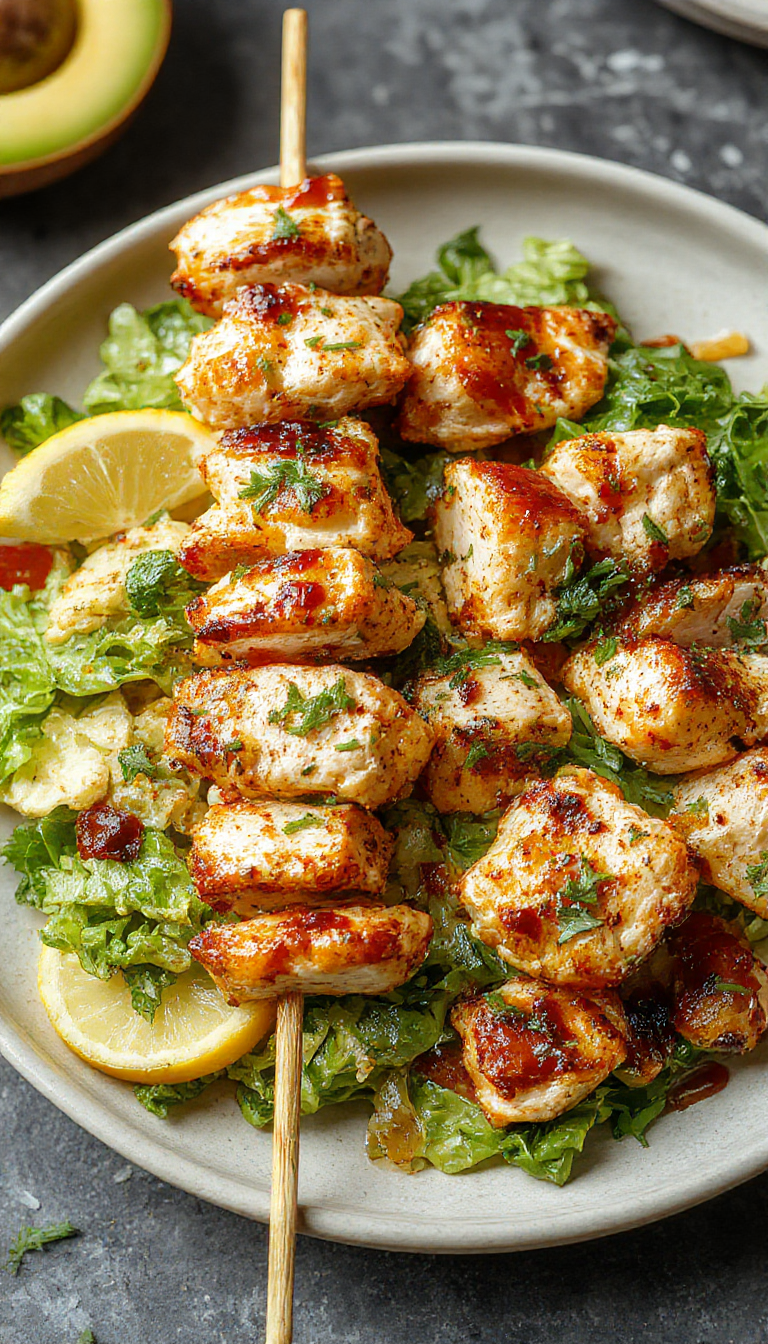 A vibrant BBQ chicken skewer salad featuring char-grilled chicken pieces on skewers, placed atop a colorful bed of mixed greens, cherry tomatoes, and sliced cucumbers. The chicken has a golden-brown exterior with grill marks, garnished with chopped herbs. The salad is arranged on a rustic wooden plate with a drizzle of dressing, creating an appetizing and fresh presentation.