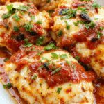 A golden-brown baked Chicken Parmesan served on a white plate, topped with melted mozzarella cheese and marinara sauce. The dish is garnished with fresh basil, with a side of spaghetti and a sprinkle of grated Parmesan. The cheese is bubbly and slightly browned, contrasting with the vibrant red sauce and crispy breadcrumb coating.