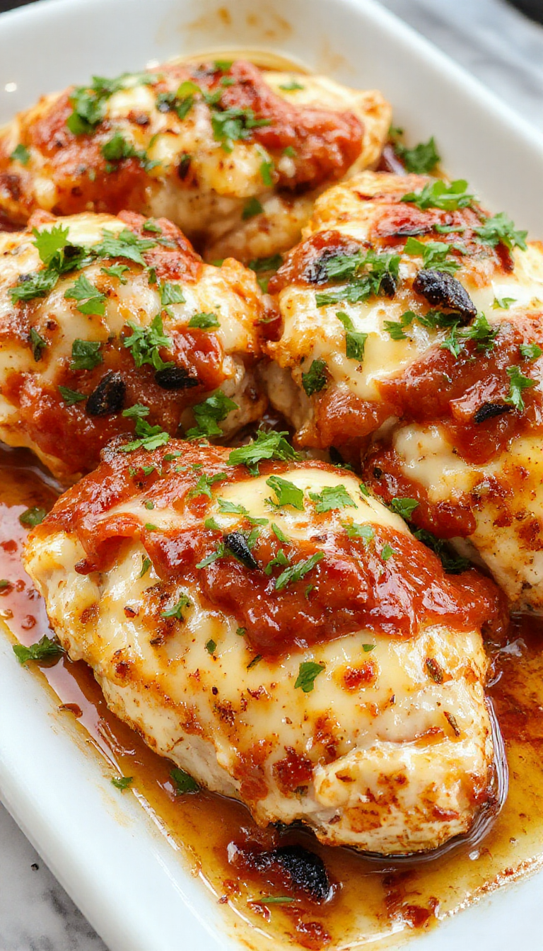 A golden-brown baked Chicken Parmesan served on a white plate, topped with melted mozzarella cheese and marinara sauce. The dish is garnished with fresh basil, with a side of spaghetti and a sprinkle of grated Parmesan. The cheese is bubbly and slightly browned, contrasting with the vibrant red sauce and crispy breadcrumb coating.