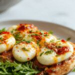 A close-up shot of a baked feta eggs dish showing creamy, golden eggs nestled in a melted feta cheese sauce, garnished with fresh herbs, served in a rustic white baking dish with a sprig of parsley on top, surrounded by fresh vegetables and crusty bread slices in the background.