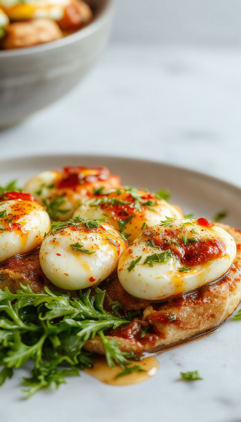 A close-up shot of a baked feta eggs dish showing creamy, golden eggs nestled in a melted feta cheese sauce, garnished with fresh herbs, served in a rustic white baking dish with a sprig of parsley on top, surrounded by fresh vegetables and crusty bread slices in the background.