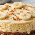 A slice of Banana Pudding Crunch Cheesecake on a white plate, showcasing a golden-brown crust, creamy banana filling, topped with crunchy banana pudding bits and whipped cream, garnished with fresh banana slices and a drizzle of caramel sauce.