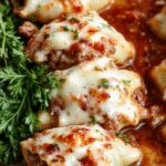 A close-up of large pasta shells filled with a savory beef and ricotta mixture, topped with melted golden cheese and garnished with fresh basil leaves on a rustic platter.