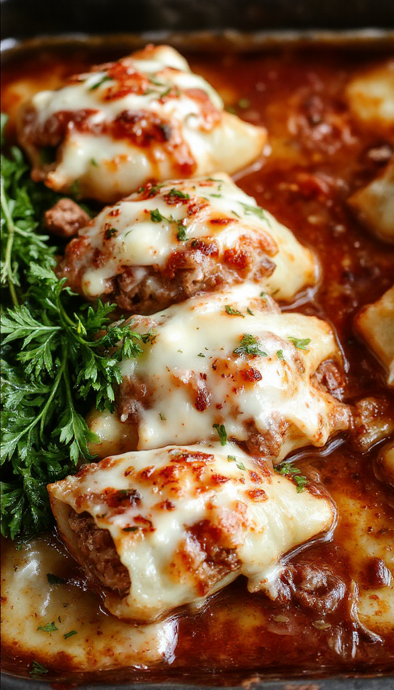 A close-up of large pasta shells filled with a savory beef and ricotta mixture, topped with melted golden cheese and garnished with fresh basil leaves on a rustic platter.