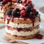 A multi-layered Berry Mascarpone Layer Cake beautifully decorated with fresh mixed berries on top, with smooth white mascarpone frosting visible between the layers. The cake is presented on a elegant white ceramic stand, garnished with sprigs of mint, and set against a soft, neutral background that highlights its vibrant colors and luscious textures.