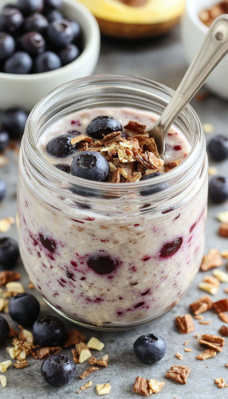 A clear glass jar filled with layered chia overnight oats topped with fresh blueberries and a drizzle of honey. The oats have a creamy texture with visible chia seeds, garnished with a sprig of mint. The jar is set on a rustic wooden surface with scattered blueberries and a small bowl of yogurt in the background.